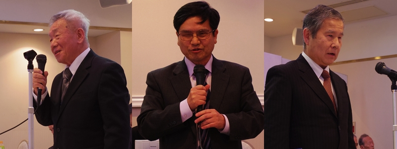 副会長候補者選挙の演説から、小川氏(左)・及川氏(中央)・伊藤氏(右)。